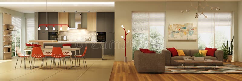 Interior of living room in one space with kitchen made in modern style with Scandinavian mood in light colors with red accents. Interior of living room in one space with kitchen made in modern style with Scandinavian mood in light colors with red accents.