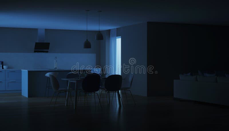 Interior Moderno De La Casa Cocina Azul Noche Iluminación De La Tarde Stock  de ilustración - Ilustración de muebles, noche: 133015406