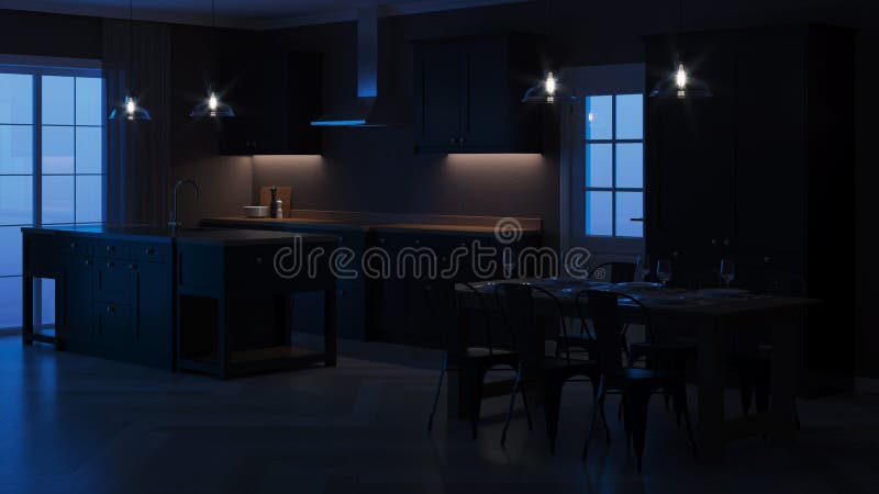Interior Moderno De La Casa Interior Con La Cocina Negra Noche Iluminaci?n  De La Tarde Stock de ilustración - Ilustración de tarde, moderno: 152247589