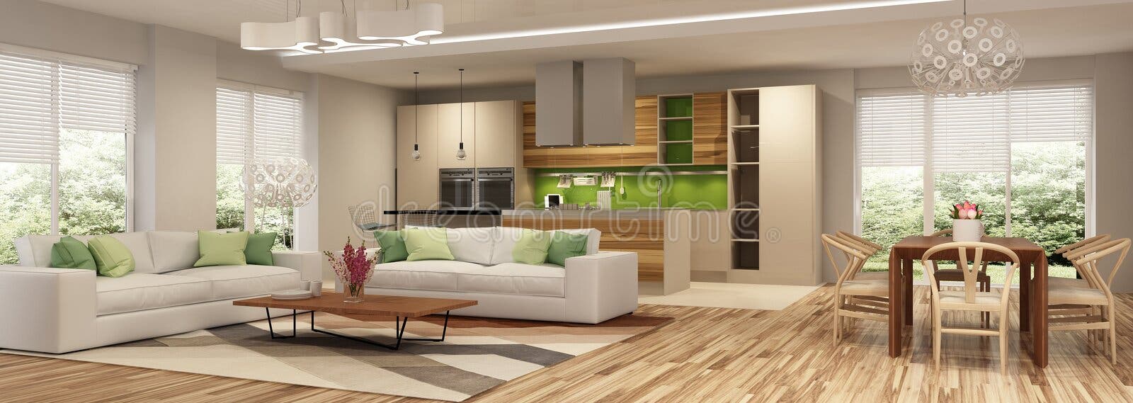 Interior moderno de la casa de la sala de estar y de una cocina en colores beige y verdes Interior moderno de la casa de la sala de estar y de una cocina en colores beige y verdes