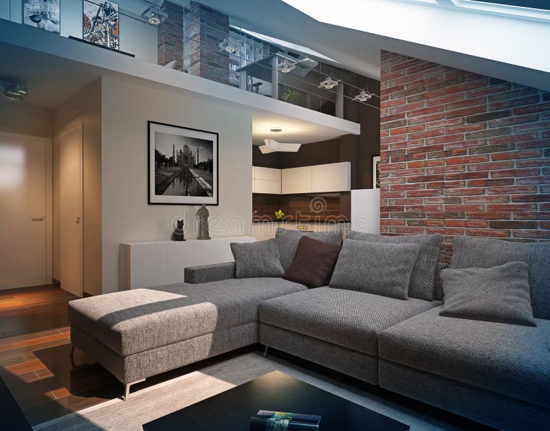 La Sala De Estar Moderna Del Estilo Del Desván Con El Muro De Cemento
