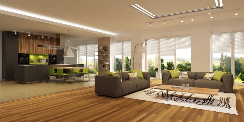 Interior moderno de la sala de estar con la cocina en una casa o el apartamento en colores grises con acentos verdes ilustración del vector Interior moderno de la sala de estar con la cocina en una casa o el apartamento en colores grises con acentos verdes ilustración del vector