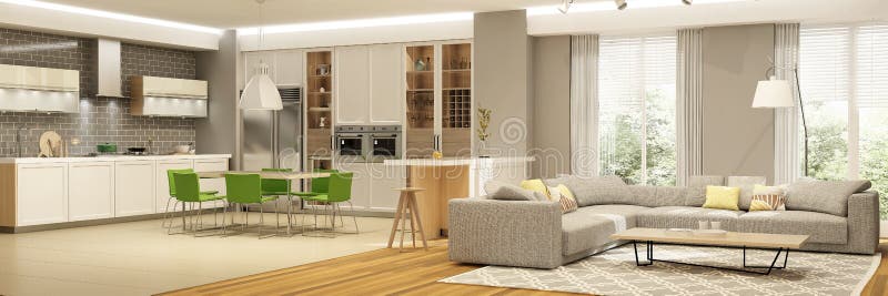 Interior moderno de la sala de estar con la cocina en una casa o el apartamento en colores grises con acentos verdes imagen de archivo libre de regalías Interior moderno de la sala de estar con la cocina en una casa o el apartamento en colores grises con acentos verdes imagen de archivo libre de regalías