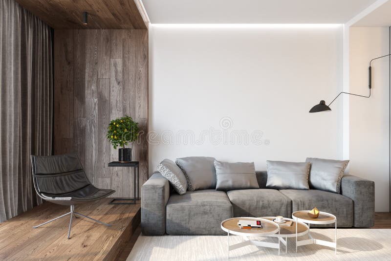 Interior moderno de la sala de estar con la pared en blanco, el sofá, el sillón, la tabla, la pared de madera y el piso