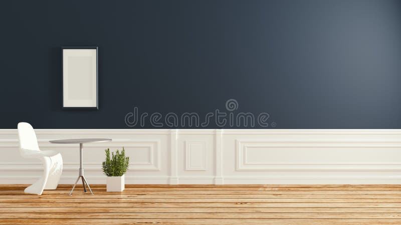 Interior moderno de la sala de estar con la silla en el suelo de madera y la pared azul marino Sitio vac?o representaci?n 3d ilustración del vector Interior moderno de la sala de estar con la silla en el suelo de madera y la pared azul marino Sitio vac?o representaci?n 3d ilustración del vector