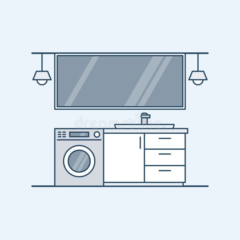 Interior moderno de un cuarto de baño con la lavadora y el fregadero Un espejo grande y lámparas Ejemplo del vector en un linear ilustración del vector Interior moderno de un cuarto de baño con la lavadora y el fregadero Un espejo grande y lámparas Ejemplo del vector en un linear ilustración del vector