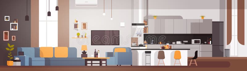 Interior moderno del apartamento con la bandera horizontal de la sala de estar y de la cocina