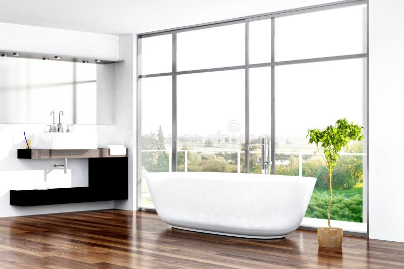 Interior Moderno Del Cuarto De Baño Con La Pared De Piedra Y El Piso