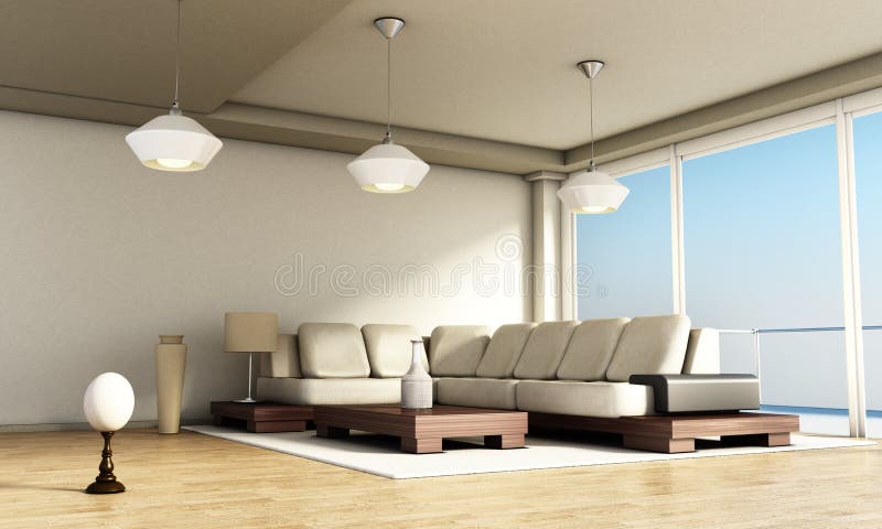 Interior moderno del sitio con las ventanas y el piso de entarimado grandes ilustración 3D ilustración del vector Interior moderno del sitio con las ventanas y el piso de entarimado grandes ilustración 3D ilustración del vector