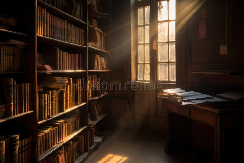 Interior of an Old Dusty Library with shelves of books royalty free illustration