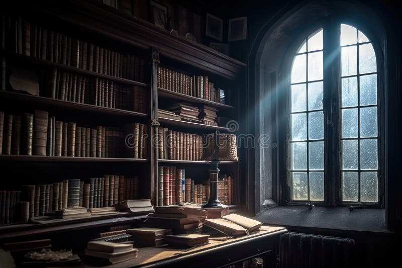 Interior of an Old Dusty Library with shelves of books royalty free illustration