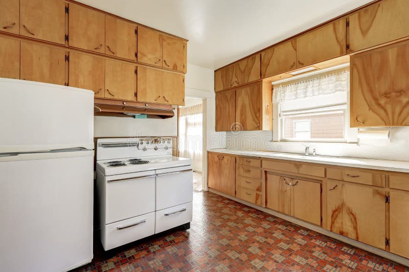 Interior Of Old Fashioned Kitchen Room With Linoleum Floor Stock