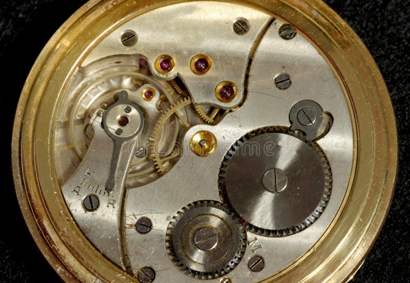 Interior of an Old Pocket Watch with Handwound Mechanical Move Stock
