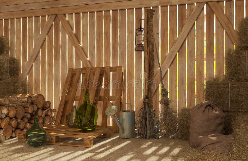 The interior of the old rural barn with bales of hay, firewood, tools for work. Rays of light through the cracks inside. 3D visual stock illustration
