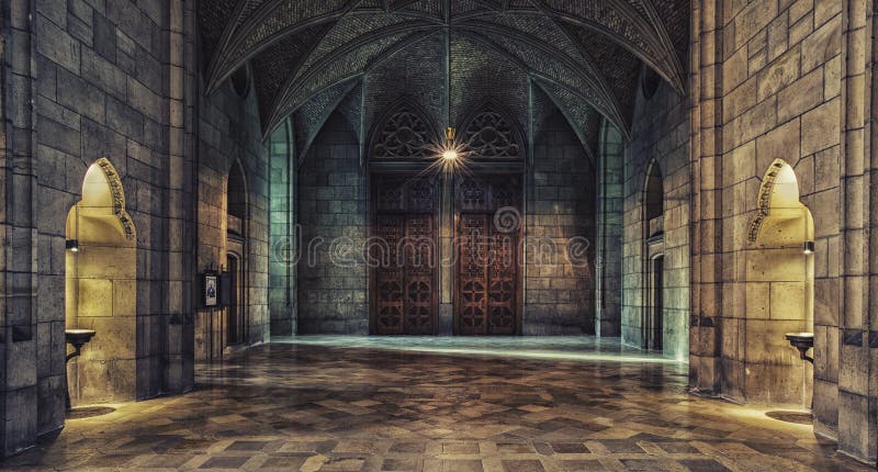 Interior of an old stone mansion with wooden half-open doors and light shining through the opening