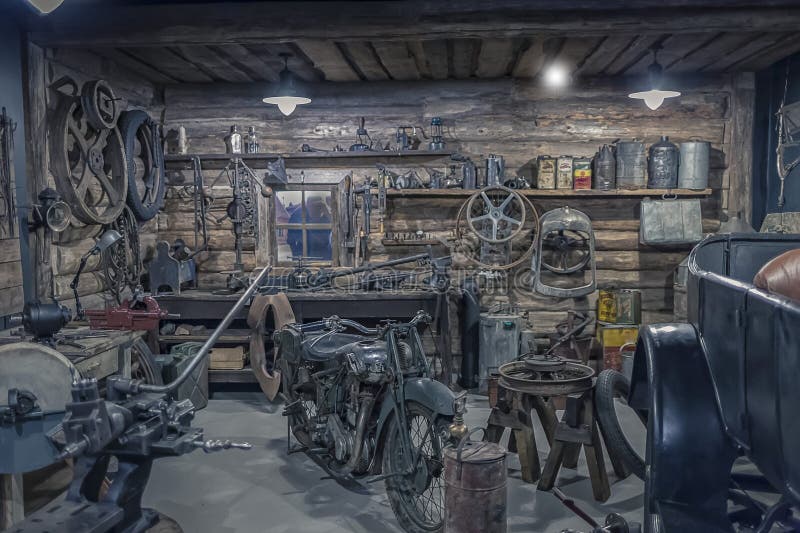 Interior of an old workshop, small garage equipment