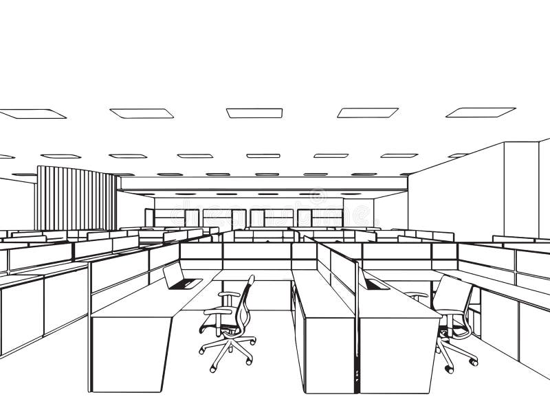 Interior Outline Sketch Drawing Perspective Office Stock Vector ...
