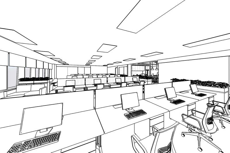Interior Outline Sketch Drawing Perspective of a Space Office Stock ...