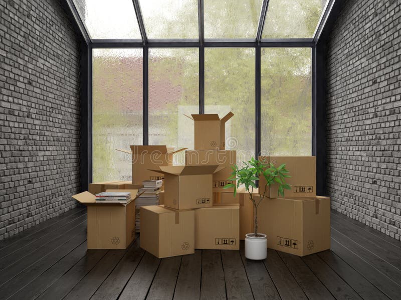 Interior with packed cardboard boxes for relocation 3D rendering