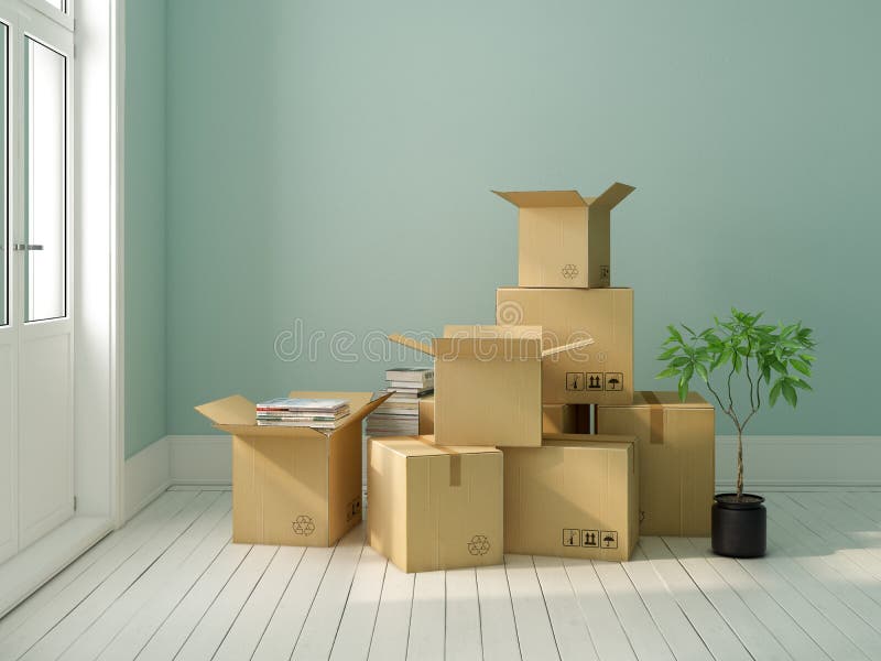 Interior with packed cardboard boxes for relocation 3D rendering