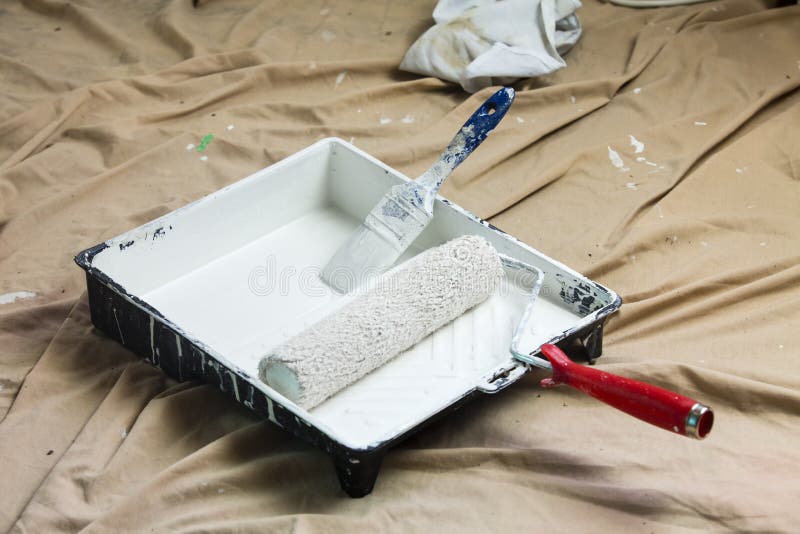 Overhead View of Home Painting Equipment Brush Roller Tray Stock Image