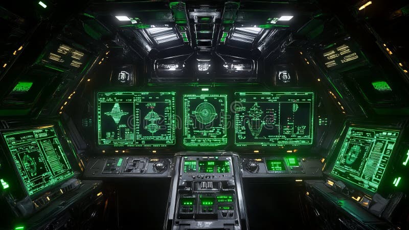 An interior perspective of the sci-fi pilot cabin, showcasing the control sticks and advanced display panel. The cockpit stock photos