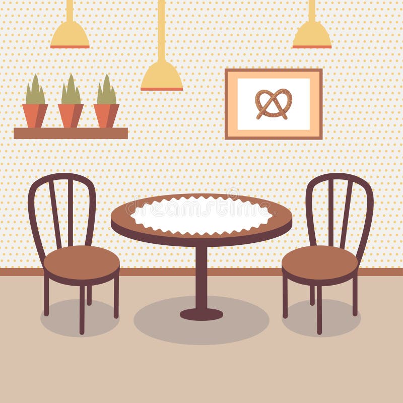 Interior plano de la tienda de la panadería con la tabla cubierta con el paño blanco, dos sillas de madera, las plantas en conser