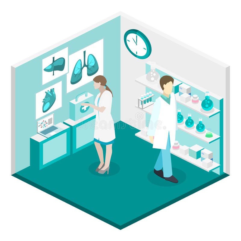 Interior plano isométrico del concepto 3D del laboratorio de ciencia ilustración del vector Interior plano isométrico del concepto 3D del laboratorio de ciencia ilustración del vector