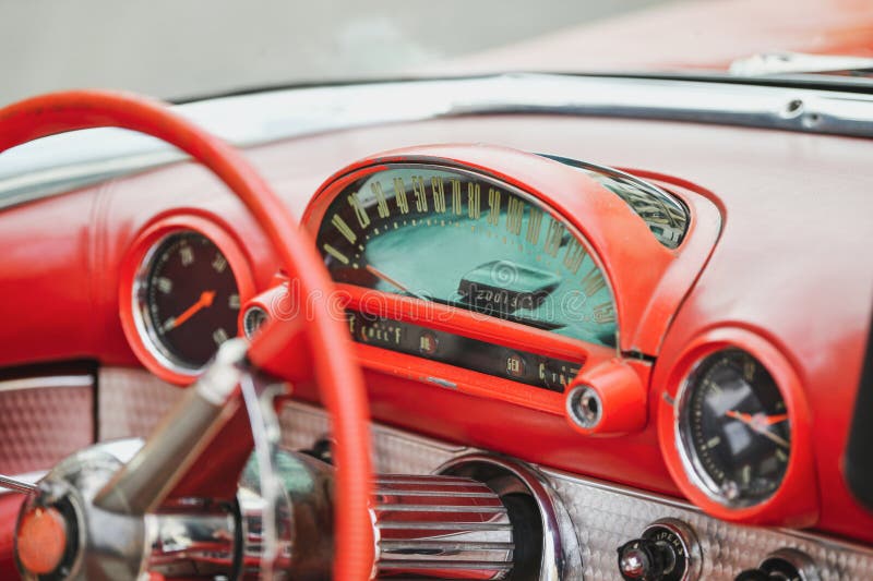 Interior of a red vintage car and speedometer. Old thunderbird stock images, royalty-free photos and pictures