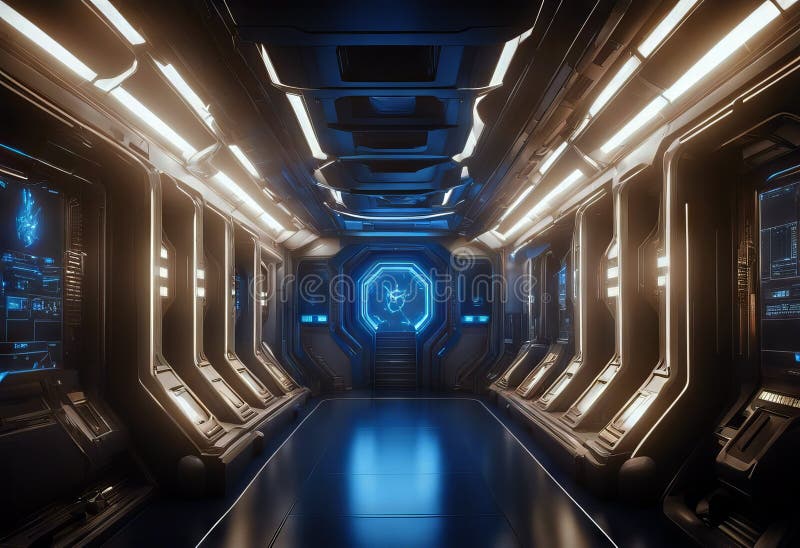 Interior rendering spaceship light sci-fi background fiction blue Science corridors neon fi futuristic tron line night server room stock illustration