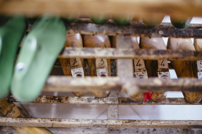 Interior repair shop and shoe making, wooden forms to create new royalty free stock photos Interior repair shop and shoe making, wooden forms to create new royalty free stock photos
