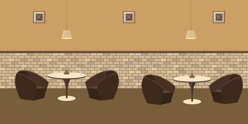 Interior of a Restaurant with Brown Furniture on a Brick Wall Background  Stock Vector - Illustration of cartoon, indoors: 110692633