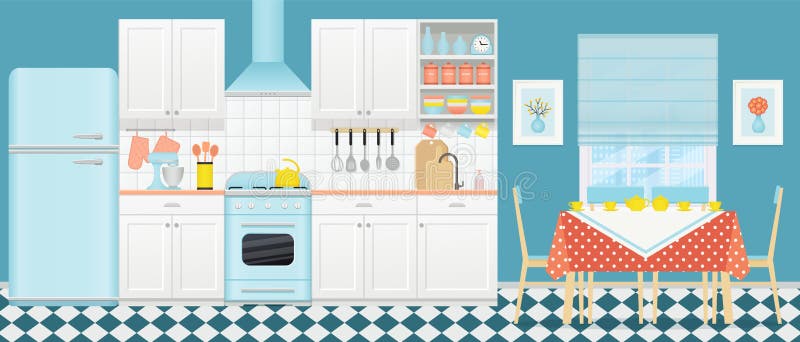 Interior retro da cozinha com o espaço para refeições Ilustração do vetor Projeto liso ilustração royalty free Interior retro da cozinha com o espaço para refeições Ilustração do vetor Projeto liso ilustração royalty free