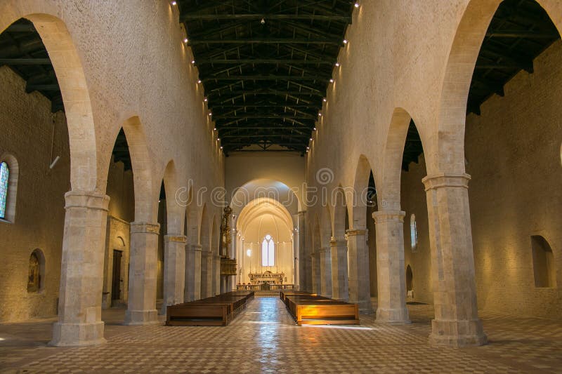 Interior of the romanesque Basilica of Santa Maria di Collemaggio in l`Aquila restored after the earthquake of 2009