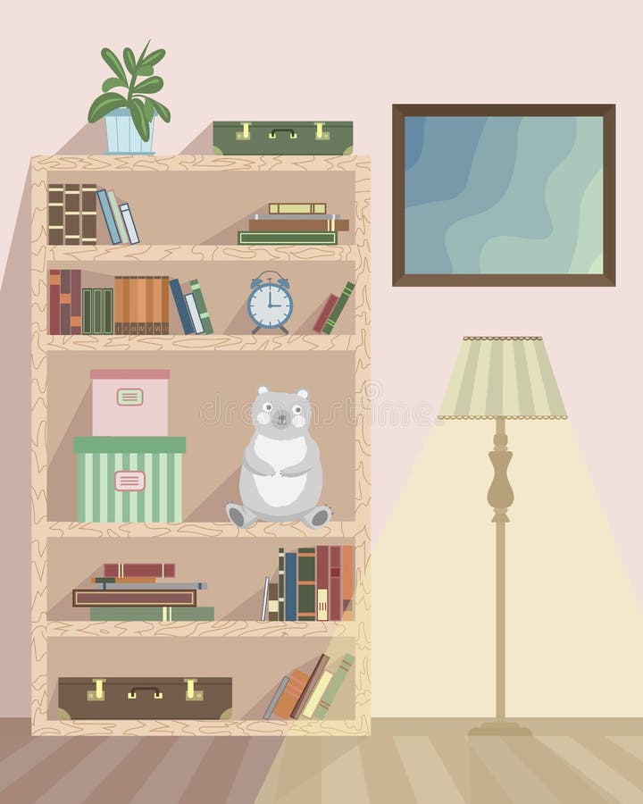 The Interior Of The Room With A Floor Lamp A Bookshelf And A