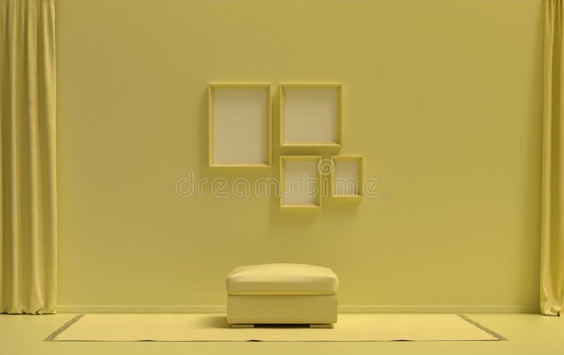 Interior room in plain monochrome light yellow color, 4 frames on the wall with middle ottoman puff without plants, for poster