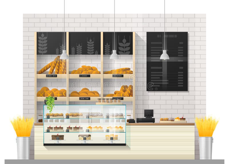 Interior scene of modern bakery shop with display counter vector illustration