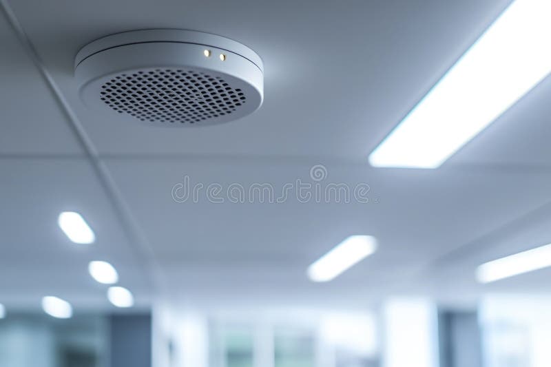 Interior scene of a room with a ceiling fan and some lights stock photo