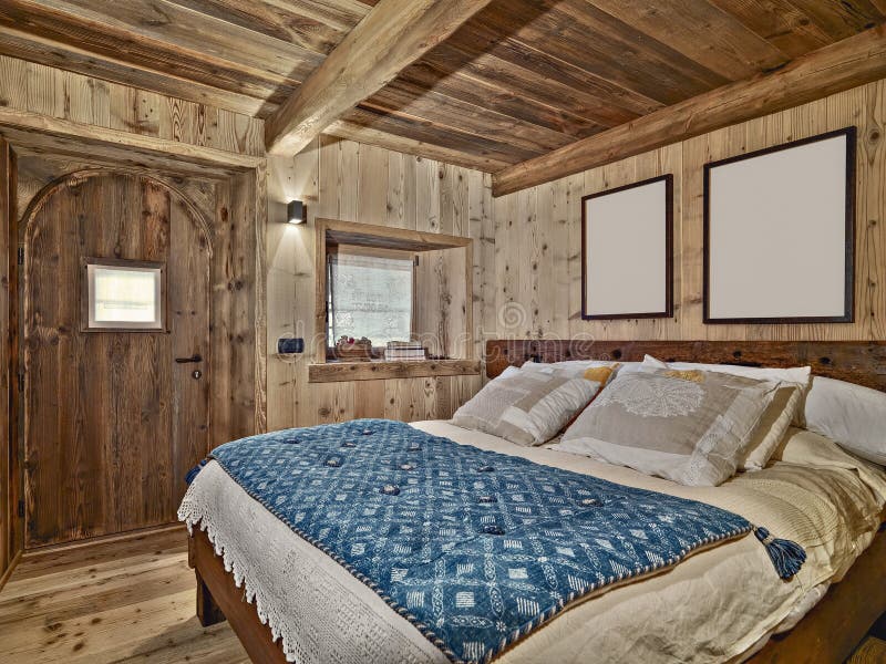 Interior Shot a Rustic Bedroom with Wood Ceiling and Wood Walls Stock Image Image of