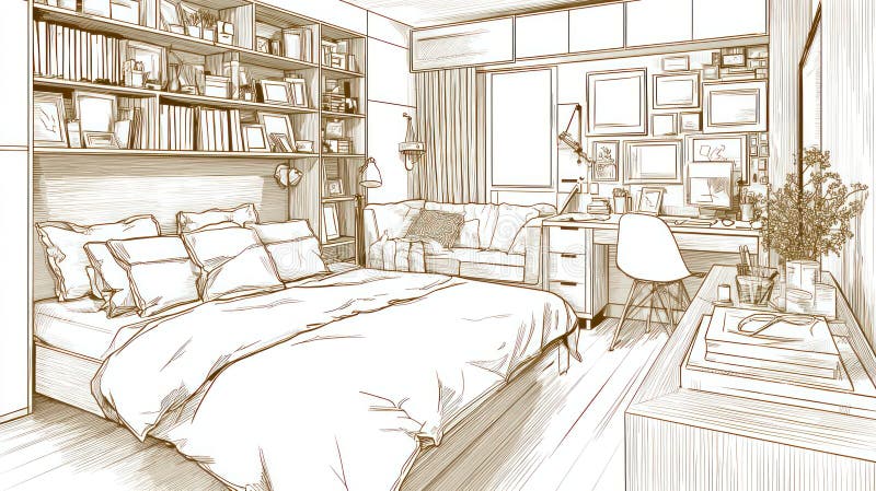 Bedroom Sketch Cozy Design with Bookshelves, Bed, Desk, and Sofa vector illustration