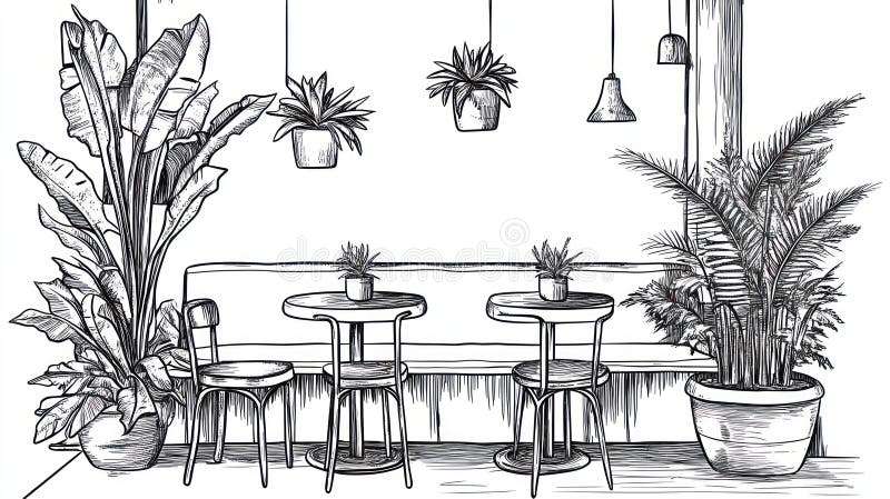 Black and White Sketch Cozy Cafe Interior With Plants vector illustration