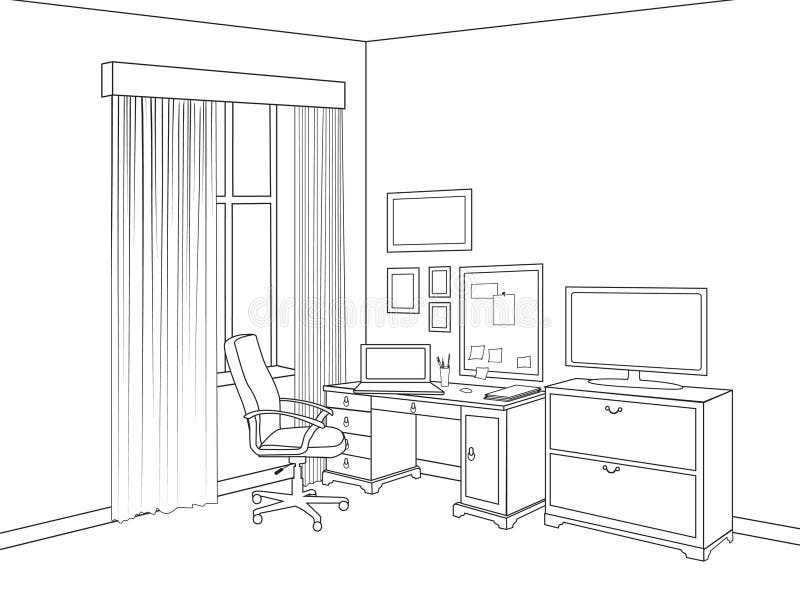 Interior Sketch of Home Office Room. Outline Furniture Design of Stock