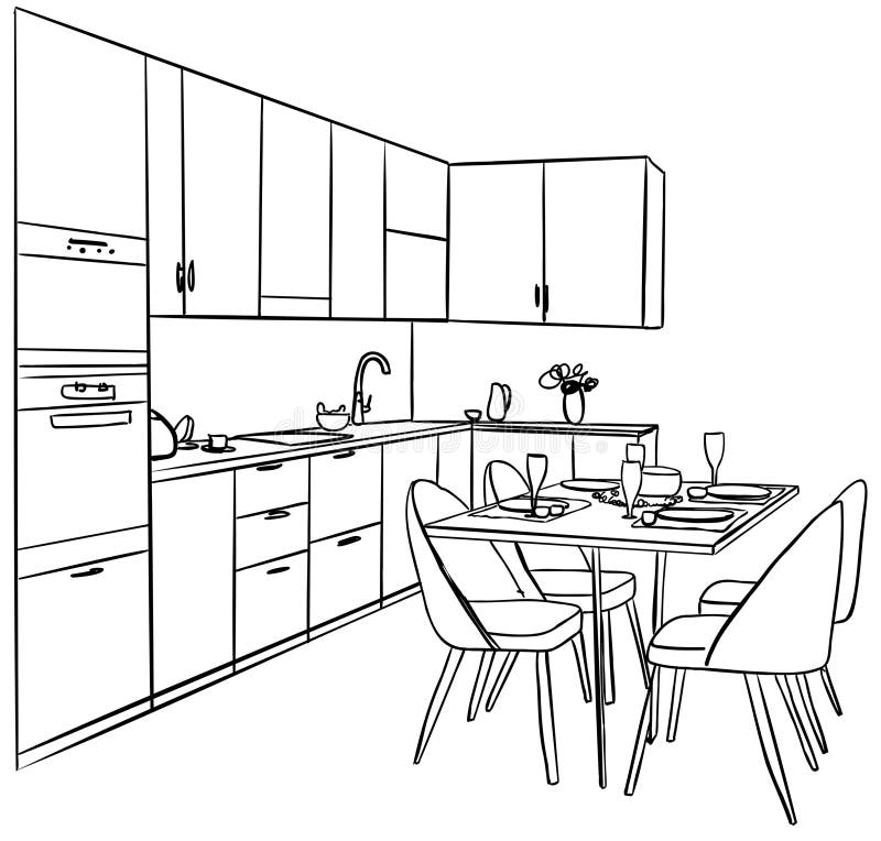 Interior Sketch of Modern Kitchen with Island Stock Vector