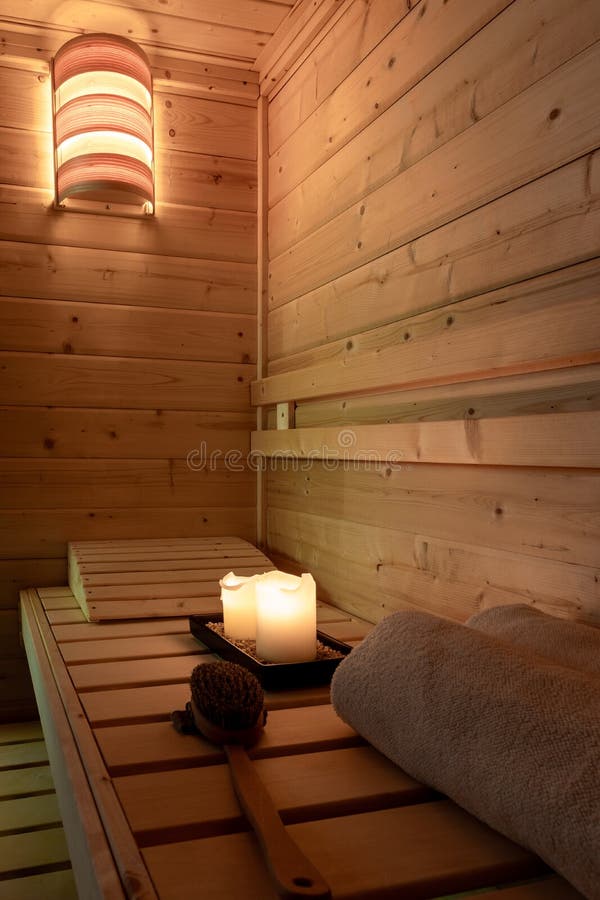 Interior of a Small Finnish Wooden Sauna with Sauna Accessories Stock