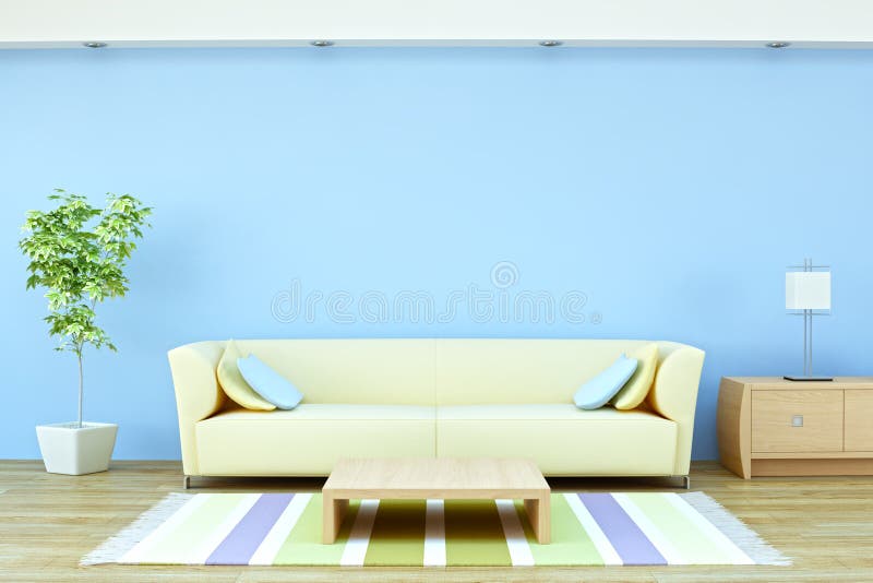 Interior with sofa, plant and lamp vector illustration