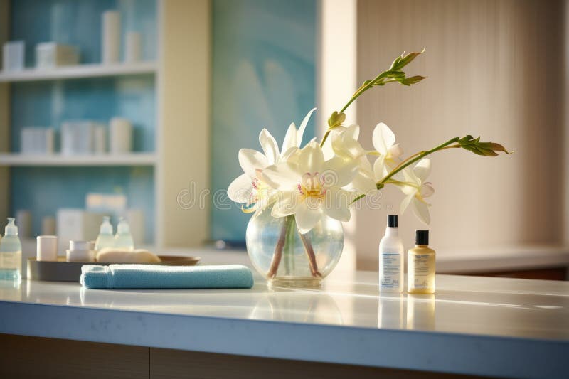 Interior spa reception, minimalist counter aesthetics, enhanced by modern lighting royalty free stock photo