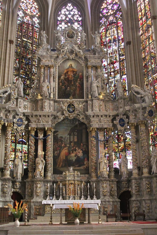 Altar and stained glass windows of the Unesco Saint Mary Cathedral,Erfurt, germany