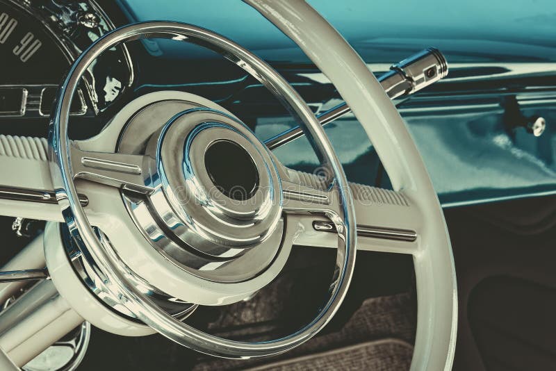 Interior and Steering Wheel of an Old American Classic Car Stock Image
