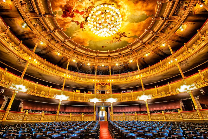 Interior view with bright lights of empty National Theatre Teatro Nacional de Costa Rica, San Jose Costa Rica. Interior view with bright lights of empty National Theatre Teatro Nacional de Costa Rica, San Jose Costa Rica