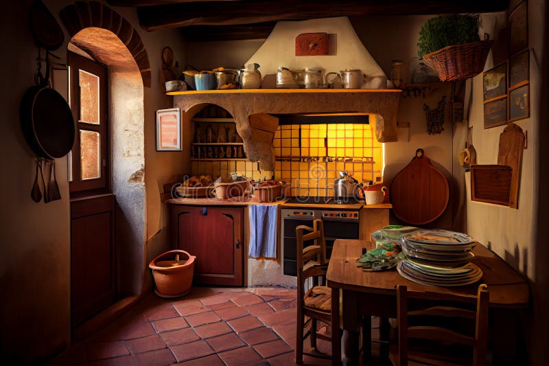 Interior of a Typical Italian Kitchen in a Private House. AI Generated